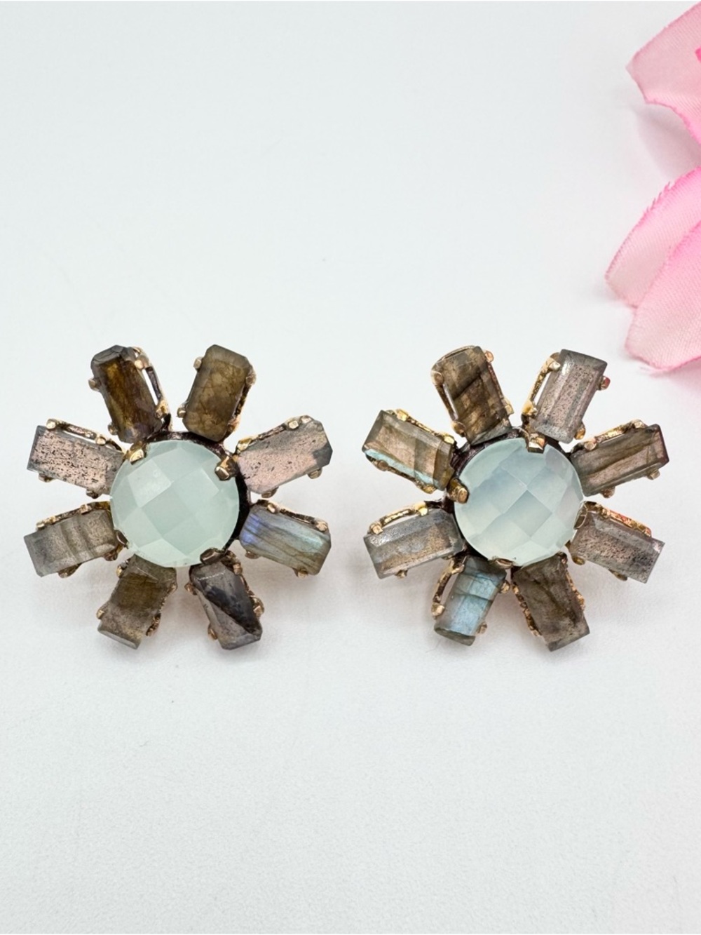 Labradorite Baguette Faceted Chalcedony 925 Sterling Silver Sunburst Earrings